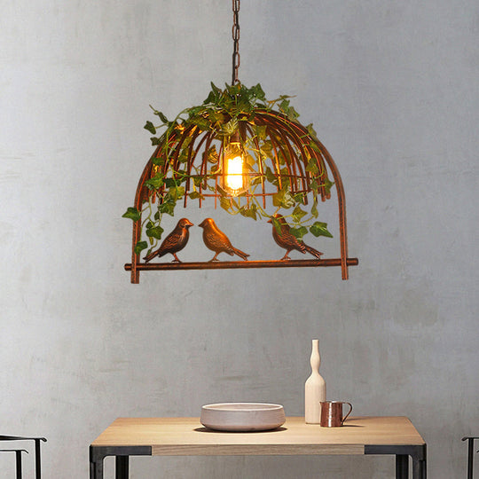 Rustic Birdcage Pendant Light With Plant Deco - 1 Metallic Suspension Lamp