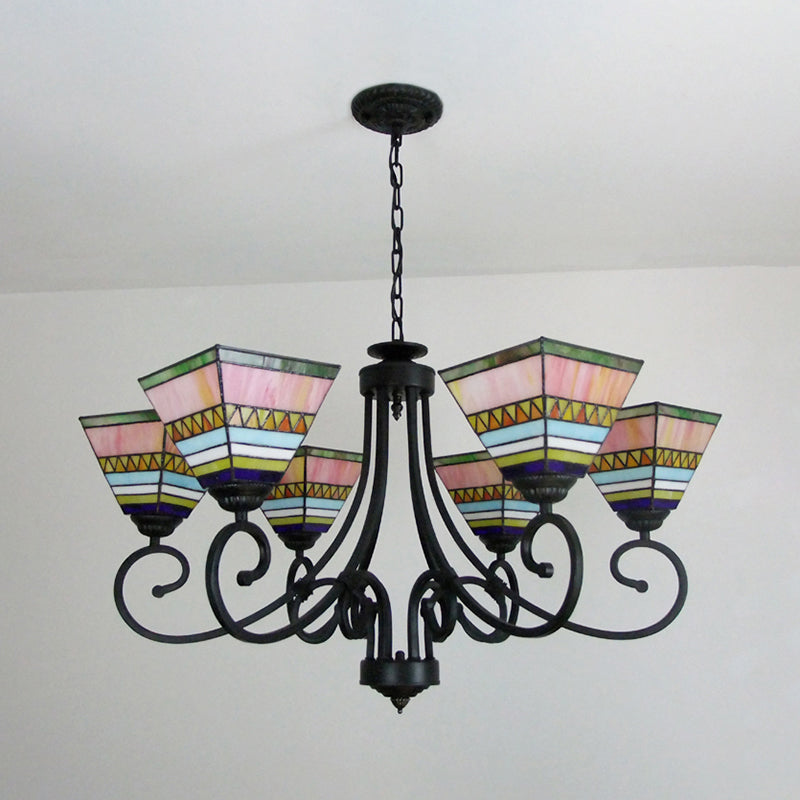 Mission Style Stained Glass Pyramid Chandelier With 6 Pink/Orange Lights - Perfect For Living Room