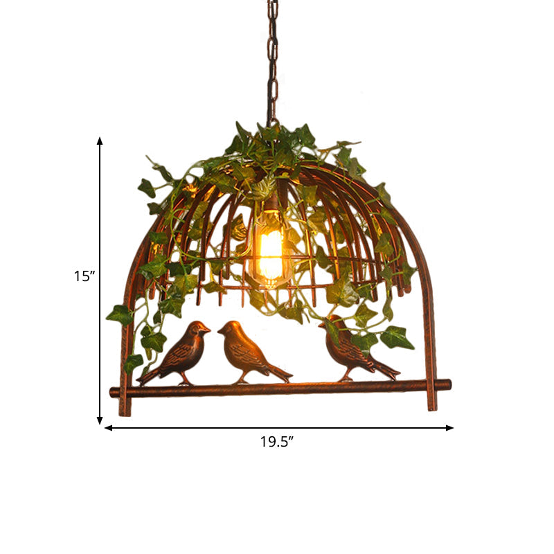 Rustic Birdcage Pendant Light With Plant Deco - 1 Metallic Suspension Lamp