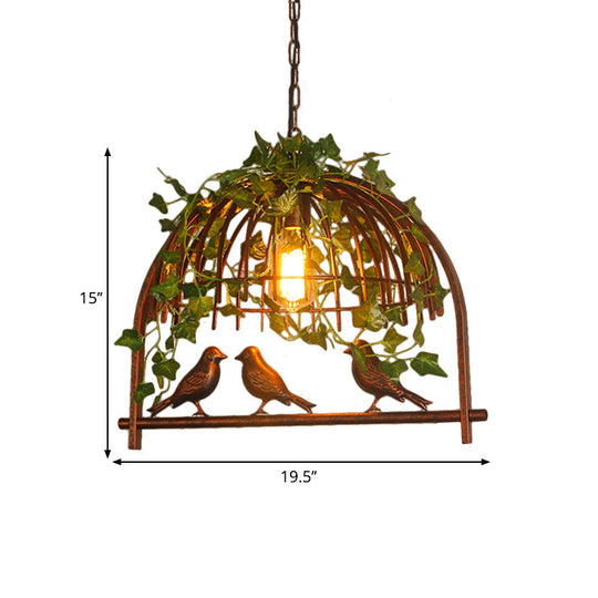 Rustic Birdcage Pendant Light With Plant Deco - 1 Metallic Suspension Lamp
