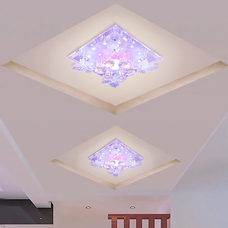 Clear Crystal Led Flush Mount Ceiling Light With Leaf Deco In Warm/White - 7/9.5 Width For Hallways