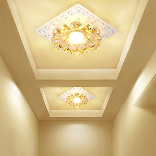 Simplicity Led Ceiling Light In White Round/Square Flushmount With Flower Crystal Shade - Warm/White