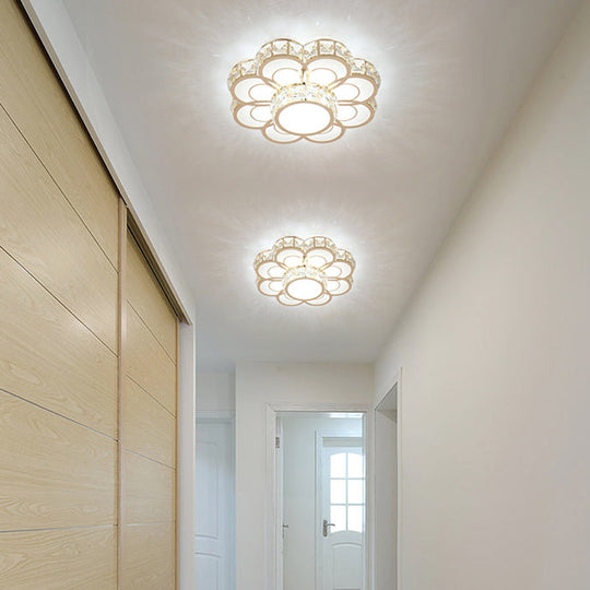 Beveled Crystal Flower Ceiling Light: Simple Led Flush Mount Fixture - 10’/12’ Width Gold