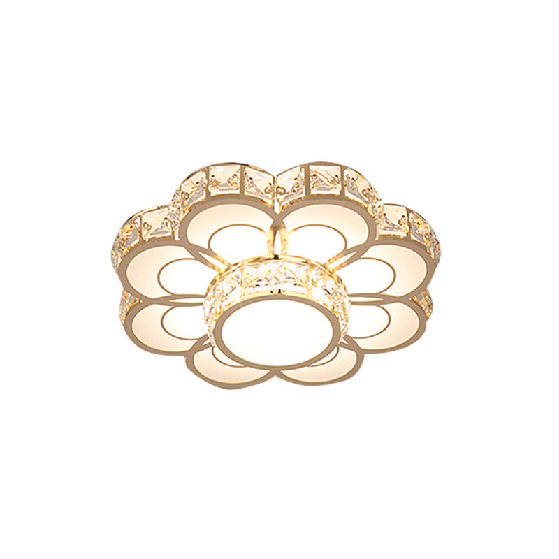Beveled Crystal Flower Ceiling Light: Simple Led Flush Mount Fixture - 10’/12’ Width Gold