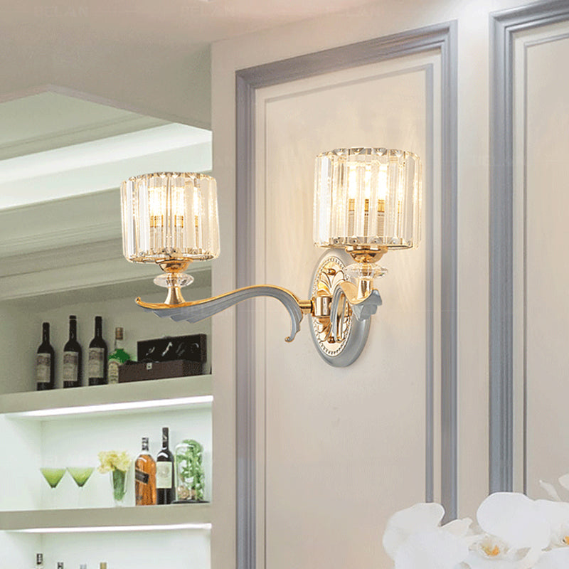 Contemporary Gold Wall Light With Clear Crystal Shade - Modernist 1/2-Head Cylinder Lamp