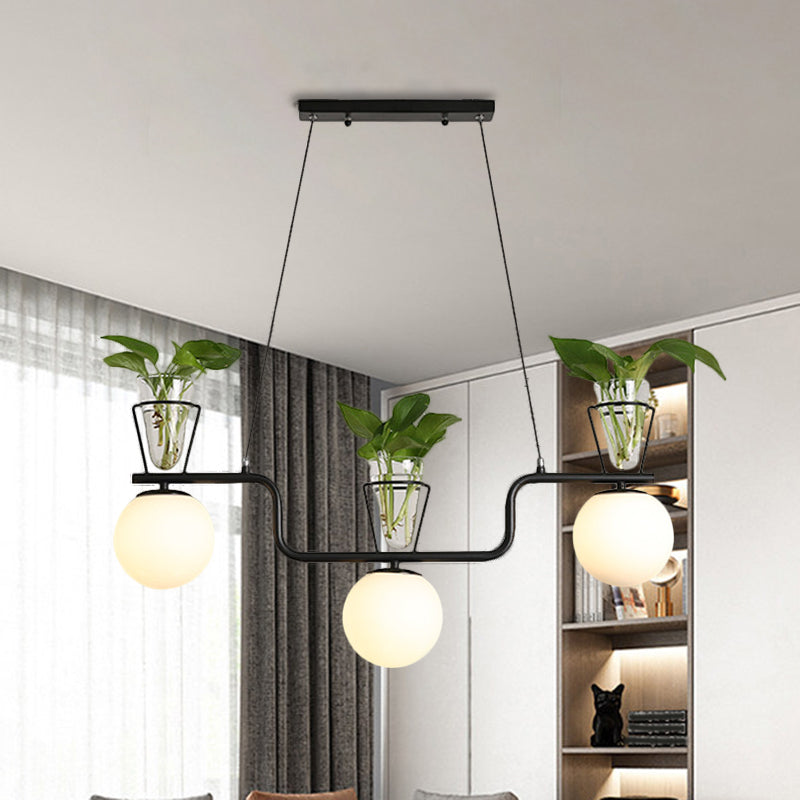 Industrial Black Island Light Fixture With Opal Glass Globe Pendant And Clear Pot - 3-Bulb