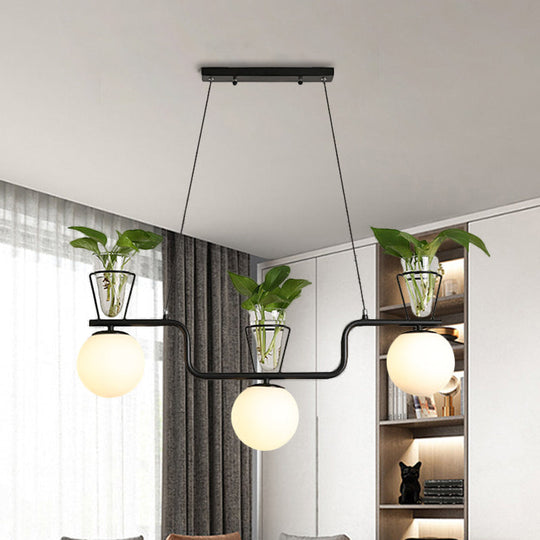 Industrial Black Island Light Fixture With Opal Glass Globe Pendant And Clear Pot - 3-Bulb