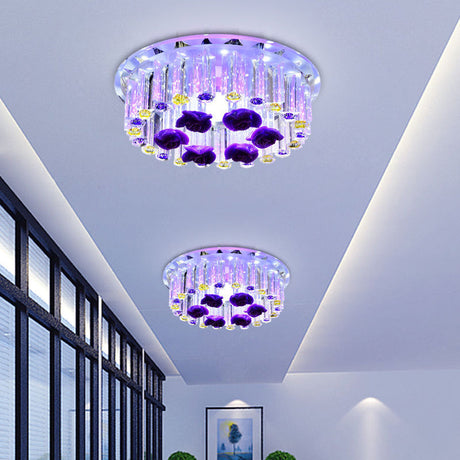 7’/9.5’ Minimalist Round Flush Mount Crystal Led Ceiling Light In Chrome Warm/White/Multi Color