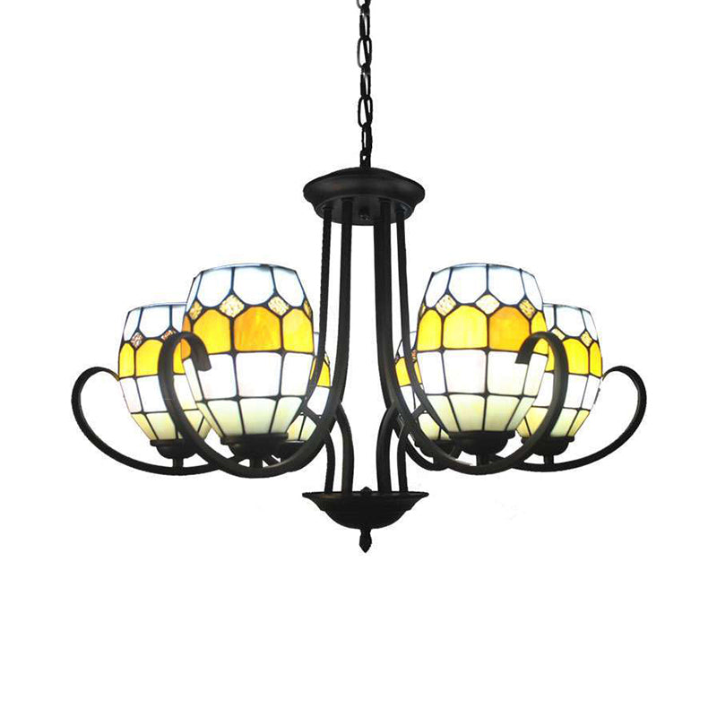 Yellow Stained Glass Oval Chandelier With Adjustable Chain - Ideal For Restaurants (6/8 Lights)