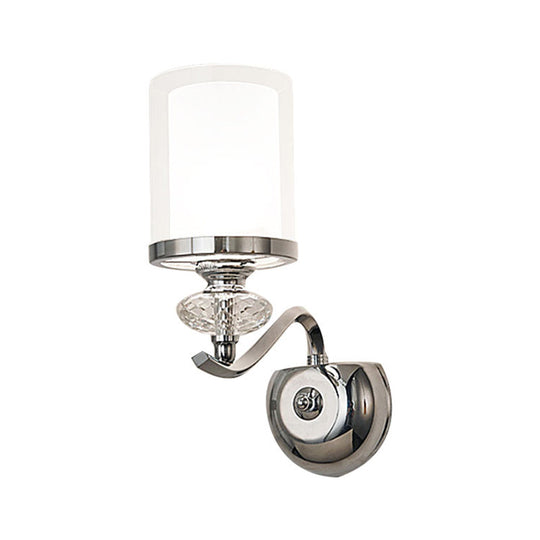 Modern Chrome Dual Cylinder Wall Mount Sconce With Curvy Arm - Simple Bathroom Lighting