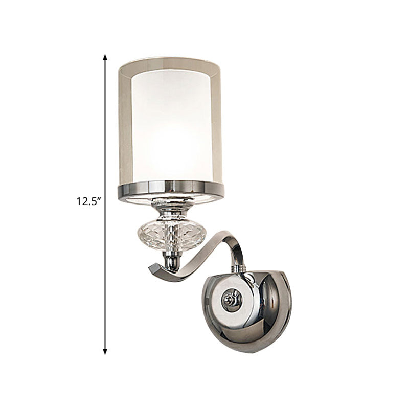 Modern Chrome Dual Cylinder Wall Mount Sconce With Curvy Arm - Simple Bathroom Lighting