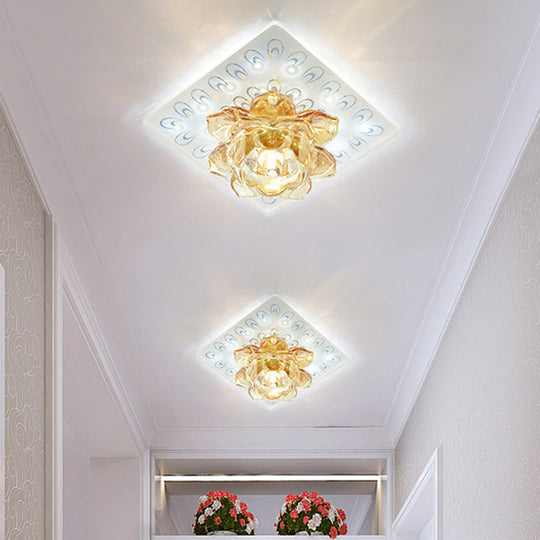 Modern Led Amber Crystal Lotus Ceiling Light With Peacock Pattern In Warm/White For Flush Mounting