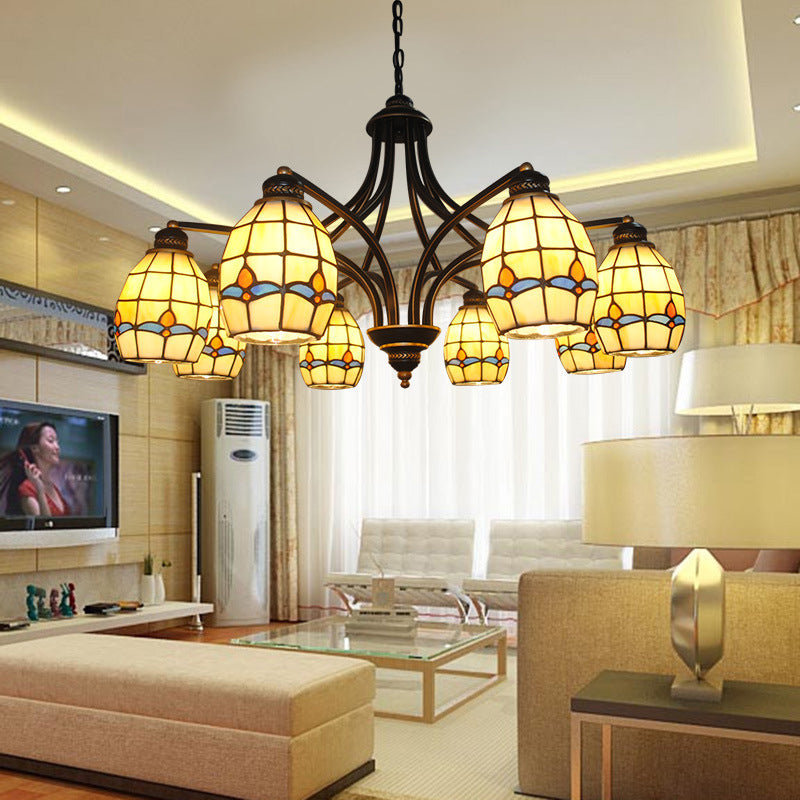 Oval Ceiling Pendant With Magnolia Stained Glass Tiffany Lighting (6/8 Lights) In Beige 8 /