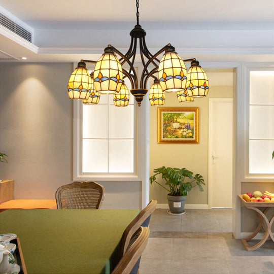 Oval Ceiling Pendant With Magnolia Stained Glass Tiffany Lighting (6/8 Lights) In Beige