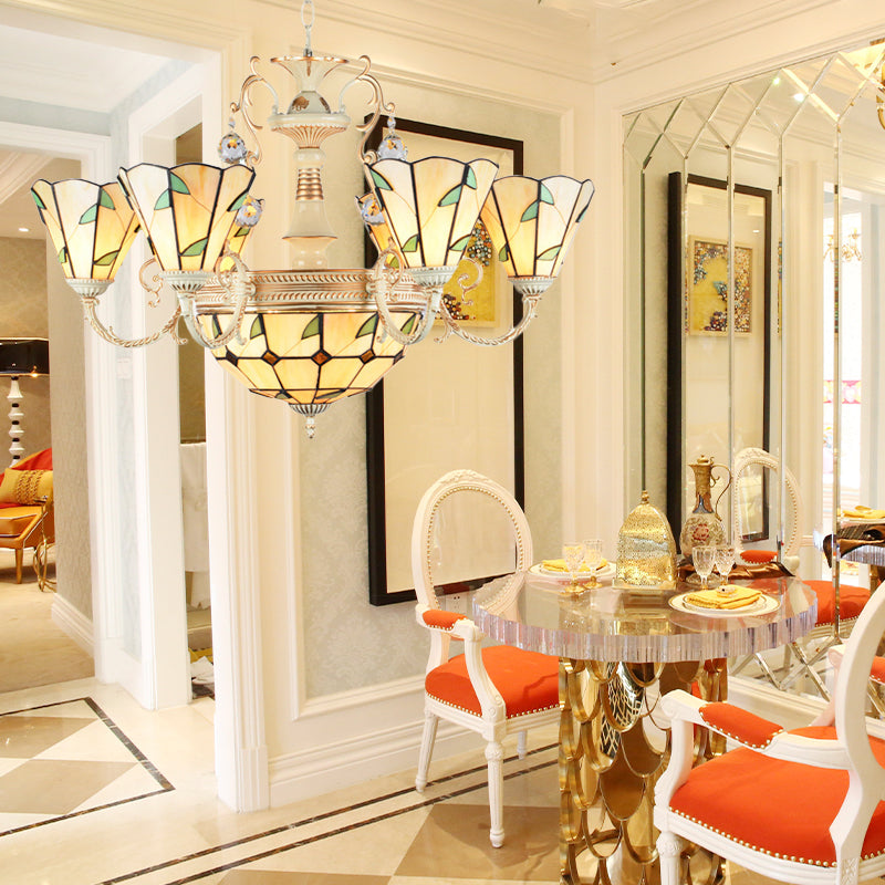 9/11 Lights Stained Glass Indoor Pendant Light: Cone And Dome Shade Rustic Beige Chandelier 9 /