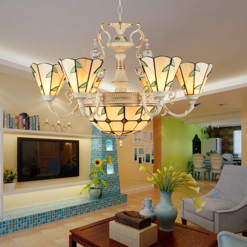 9/11 Lights Stained Glass Indoor Pendant Light: Cone And Dome Shade Rustic Beige Chandelier