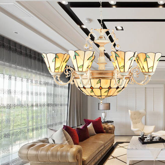 9/11 Lights Stained Glass Indoor Pendant Light: Cone And Dome Shade Rustic Beige Chandelier 11 /