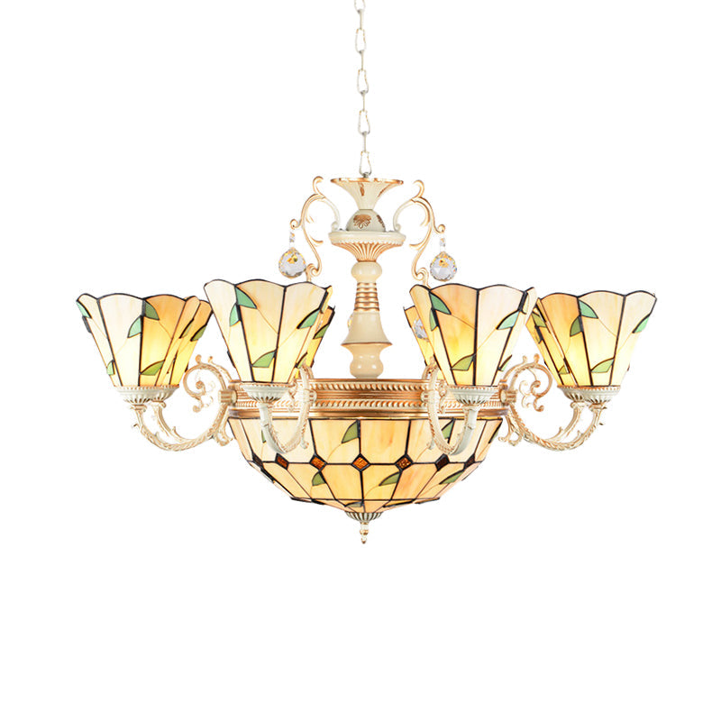 9/11 Lights Stained Glass Indoor Pendant Light: Cone And Dome Shade Rustic Beige Chandelier