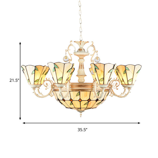 9/11 Lights Stained Glass Indoor Pendant Light: Cone And Dome Shade Rustic Beige Chandelier