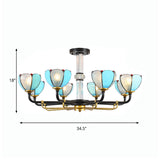 Blue Floral Chandelier Pendant Lighting Traditional Stained Glass 6/8 Lights For Living Room