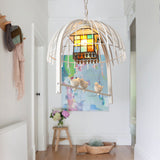 Tiffany Style White Bird Cage Pendant Light - 1-Light Stainless Glass Ceiling Lamp With Inner House