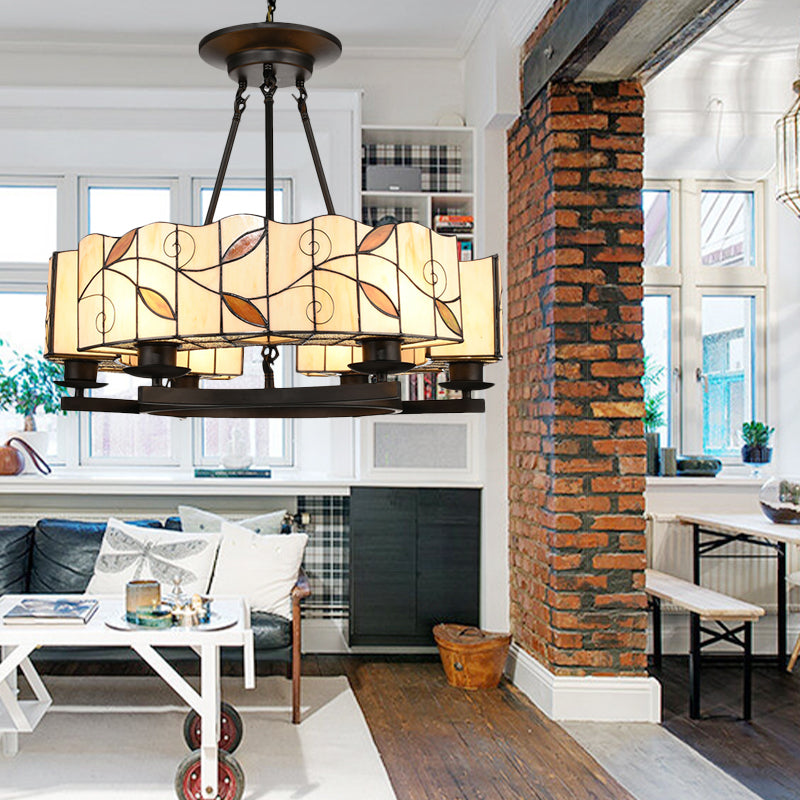 Tiffany Lodge Pendant Light - Stained Glass Drum Chandelier With Leaf Accent Adjustable Hanging In