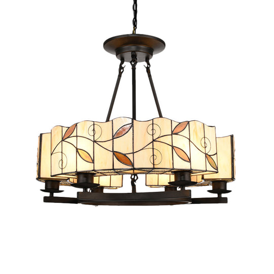 Tiffany Lodge Pendant Light - Stained Glass Drum Chandelier With Leaf Accent Adjustable Hanging In