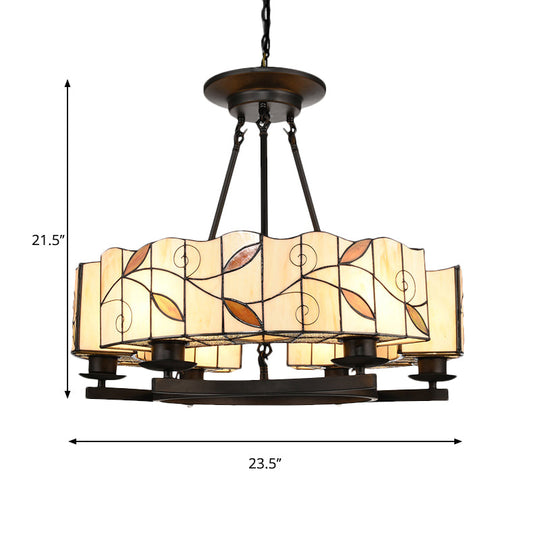 Tiffany Lodge Pendant Light - Stained Glass Drum Chandelier With Leaf Accent Adjustable Hanging In
