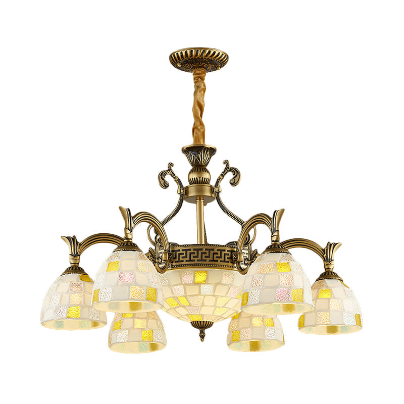 Mosaic Design Tiffany Chandelier With 6/8 Lights In Aged Brass And White Glass Pendant