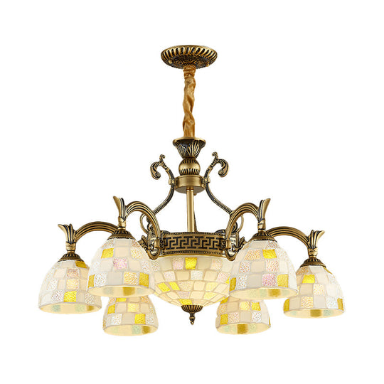 Mosaic Design Tiffany Chandelier With 6/8 Lights In Aged Brass And White Glass Pendant