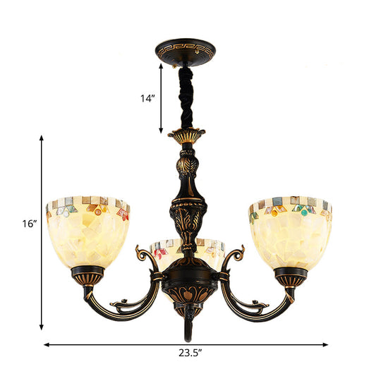 Traditional 3-Light Bowl Chandelier With Beige Glass For Dining Room Pendant Lighting