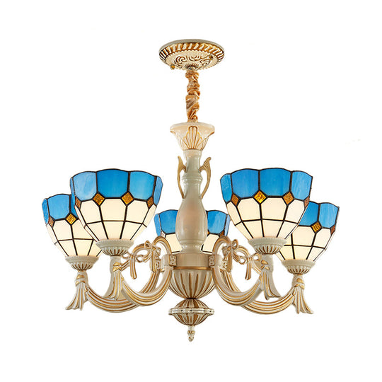 Blue Mediterranean Glass Pendant Chandelier With 5 Lights For Hallway