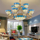 Tiffany Stained Glass Tiered Ceiling Chandelier With 15 Blue Lights - Curved Arm Hanging Light For