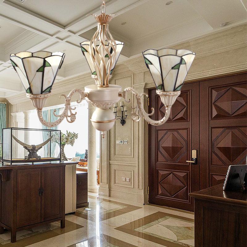 Lodge Conical Pendant Light - Adjustable Chain 3-Light Beige Stained Glass Chandelier