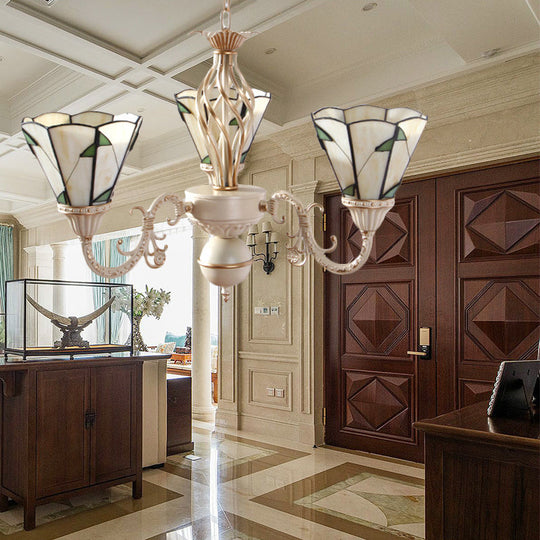 Lodge Conical Pendant Light - Adjustable Chain 3-Light Beige Stained Glass Chandelier