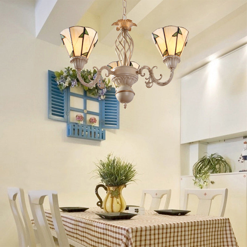 Lodge Conical Pendant Light - Adjustable Chain 3-Light Beige Stained Glass Chandelier