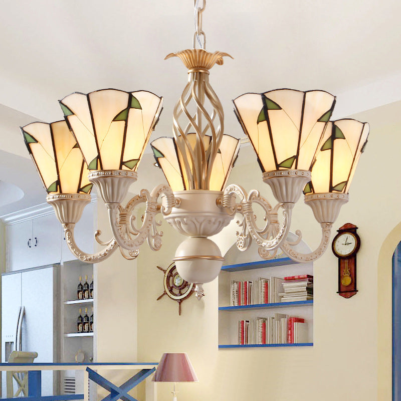 Rustic Green Leaf Chandelier With Beige Glass - 5-Light Hanging Ceiling Fixture For Hall