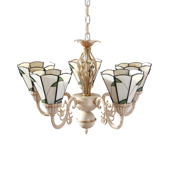 Rustic Green Leaf Chandelier With Beige Glass - 5-Light Hanging Ceiling Fixture For Hall