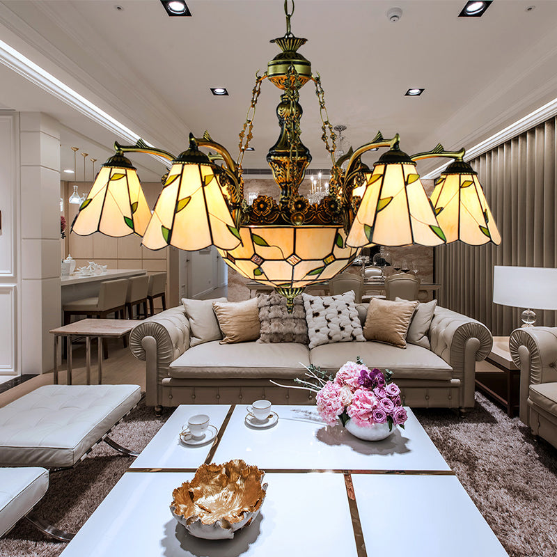 Tiffany Stained Glass Chandelier - 9/11 Lights Beige With Leaf Pattern 9 /