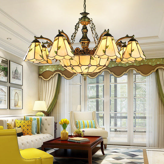 Tiffany Stained Glass Chandelier - 9/11 Lights Beige With Leaf Pattern 11 /