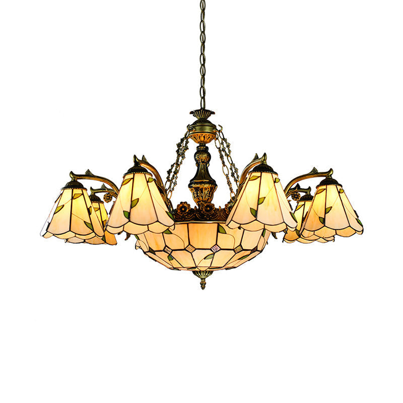 Tiffany Stained Glass Chandelier - 9/11 Lights Beige With Leaf Pattern
