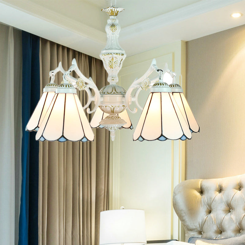 Blue Stained Glass 5-Light Chandelier With Adjustable Chain For Foyer / Gem