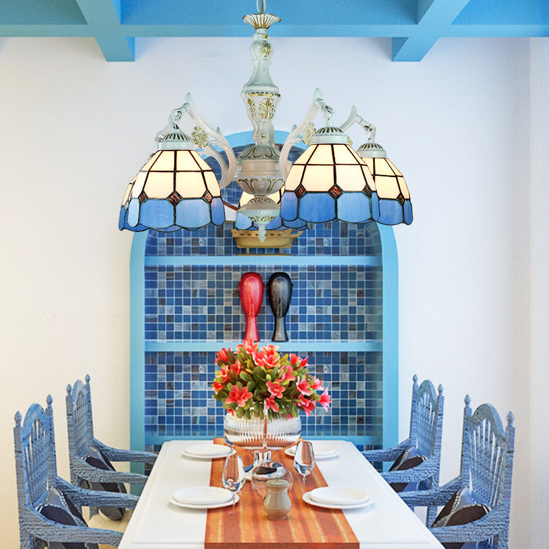 Blue Stained Glass 5-Light Chandelier With Adjustable Chain For Foyer / Diamond