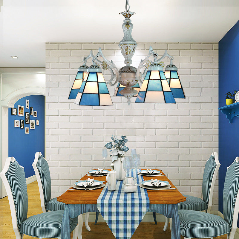 Blue Stained Glass 5-Light Chandelier With Adjustable Chain For Foyer / Square