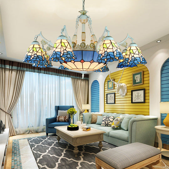 Tiffany Stained Glass Hanging Chandelier - 11 Light Pendant Ceiling With Flower/Square/Diamond/Gem