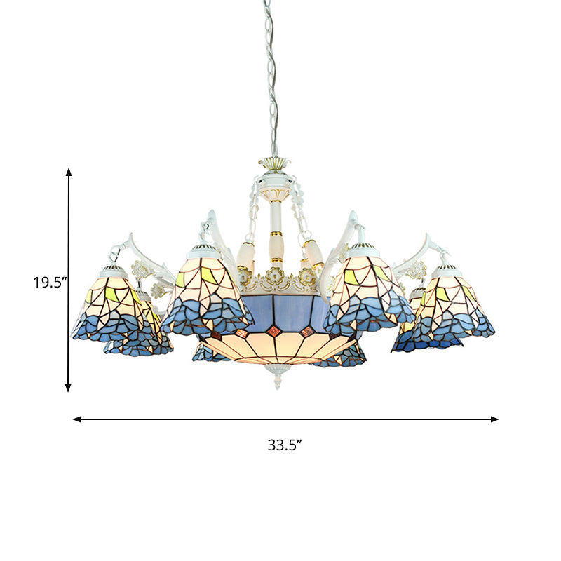 Tiffany Stained Glass Hanging Chandelier - 11 Light Pendant Ceiling With Flower/Square/Diamond/Gem