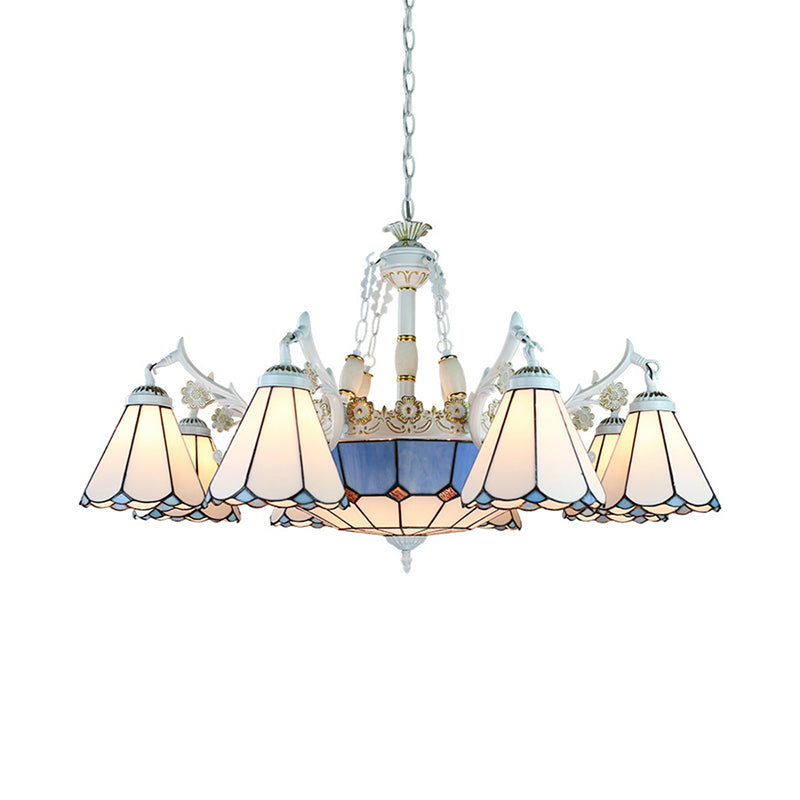 Tiffany Stained Glass Hanging Chandelier - 11 Light Pendant Ceiling With Flower/Square/Diamond/Gem