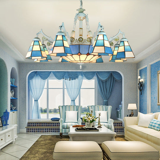 Tiffany Stained Glass Hanging Chandelier - 11 Light Pendant Ceiling With Flower/Square/Diamond/Gem