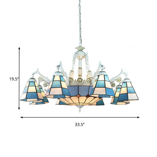White Stained Glass Chandelier - 11 Lights Tiffany Pendant Ceiling Light With Floral & Geometric