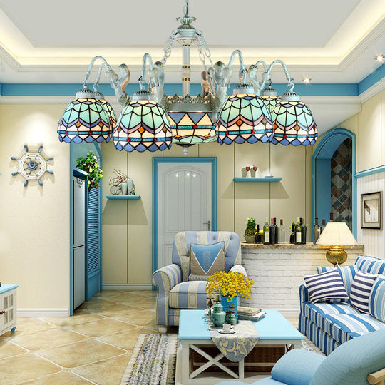 Tiffany Stained Glass Chandelier With Mediterranean Gem And Flower Design - 11-Light White Pendant